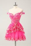 Carino Sparkly Hot Pink A Line Corsetto Pizzo Abito Corto Da Laurea