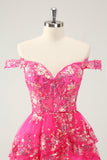 Carino Sparkly Hot Pink A Line Corsetto Pizzo Abito Corto Da Laurea