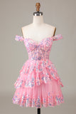 Carino Sparkly Hot Pink A Line Corsetto Pizzo Abito Corto Da Laurea