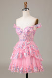 Carino Sparkly Hot Pink A Line Corsetto Pizzo Abito Corto Da Laurea