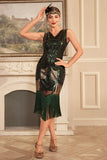 Nero Verde Paillettes 1920s Flapper Dress con frange