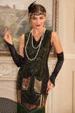 Nero Verde Paillettes 1920s Flapper Dress con frange