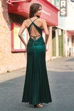 Verde scuro Sirena Spaghetti Straps Abito lungo da cerimonia con schiena scoperta