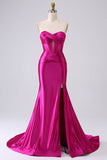 Corsetto sirena di raso fucsia senza spalline Abito da cerimonia lungo PLus size con fessura