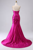 Corsetto sirena di raso fucsia senza spalline Abito da cerimonia lungo PLus size con fessura