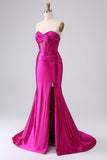 Corsetto sirena di raso fucsia senza spalline Abito da cerimonia lungo PLus size con fessura