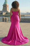 Corsetto sirena di raso fucsia senza spalline Abito da cerimonia lungo PLus size con fessura