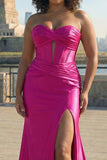 Corsetto sirena di raso fucsia senza spalline Abito da cerimonia lungo PLus size con fessura