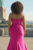 Corsetto sirena di raso fucsia senza spalline Abito da cerimonia lungo PLus size con fessura