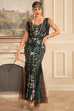 Guaina dorata verde con scollo a V paillettes lungo 1920s Flapper Dress con frange