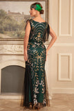 Guaina dorata verde con scollo a V paillettes lungo 1920s Flapper Dress con frange