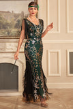 Guaina dorata verde con scollo a V paillettes lungo 1920s Flapper Dress con frange