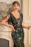 Guaina dorata verde con scollo a V paillettes lungo 1920s Flapper Dress con frange