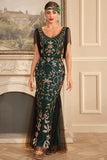 Guaina dorata verde con scollo a V paillettes lungo 1920s Flapper Dress con frange