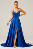 Royal Blue A Line Spaghetti Straps Satin Prom Dress con Spacco