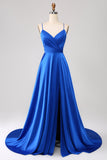Royal Blue A Line Spaghetti Straps Satin Prom Dress con Spacco