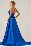 Royal Blue A Line Spaghetti Straps Satin Prom Dress con Spacco