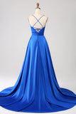 Royal Blue A Line Spaghetti Straps Satin Prom Dress con Spacco