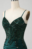 Sparkly verde scuro sirenetta paillettes plissettato corsetto abito da ballo con fessura