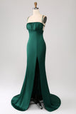 Verde scuro Sirena Spaghetti Straps Satin Prom Dress con pieghe
