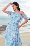 Off The Shoulder bianco blu floreale Boho abito da damigella d'onore con volant