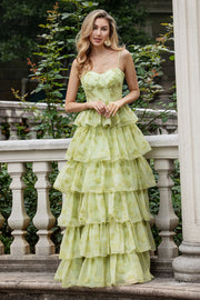 Fiore verde A Line Spaghetti Straps Abito da ballo lungo a più livelli con volant