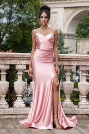 Blush Mermaid Spaghetti Straps Satin Abito da ballo lungo con fessura