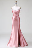 Blush Mermaid Spaghetti Straps Satin Abito da ballo lungo con fessura