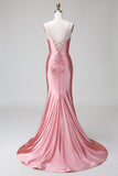 Blush Mermaid Spaghetti Straps Satin Abito Da Cerimonia con fessura