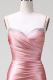 Blush Mermaid Spaghetti Straps Satin Abito Da Cerimonia con fessura