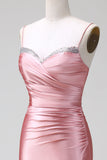 Blush Mermaid Spaghetti Straps Satin Abito Da Cerimonia con fessura