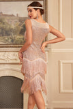 Sparkly Blush Tiered Fringed 1920s Dress con accessori Set