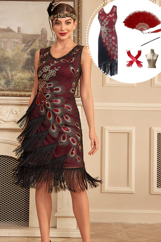 Sparkly Borgogna frange paillettes 1920s Dress con accessori Set