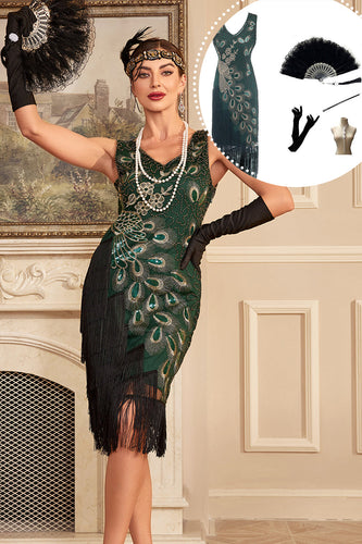 Sparkly verde scuro con frange in rilievo 1920s Dress con accessori Set