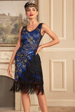 Sparkly Royal Blue Fringed Beaded 1920s Dress con accessori Set