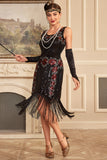 Nero senza maniche Sparkly Fringes Flapper Dress con accessori Set