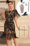 Nero dorato paillettes frangia 1920s Flapper Dress con 20s accessori Set