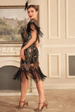 Nero dorato paillettes frangia 1920s Flapper Dress con 20s accessori Set