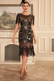 Nero dorato paillettes frangia 1920s Flapper Dress con 20s accessori Set