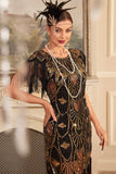 Nero dorato paillettes frangia 1920s Flapper Dress con 20s accessori Set