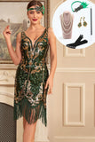 Verde dorato paillettes frangia 1920s Gatsby Dress con accessori Set