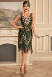 Verde dorato paillettes frangia 1920s Gatsby Dress con accessori Set