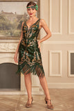 Verde dorato paillettes frangia 1920s Gatsby Dress con accessori Set