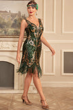 Verde dorato paillettes frangia 1920s Gatsby Dress con accessori Set