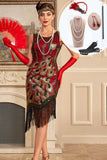 Scintillante Borgogna paillettes frangia 1920s Flapper Dress con accessori Set