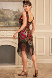 Scintillante Borgogna paillettes frangia 1920s Flapper Dress con accessori Set