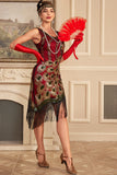 Scintillante Borgogna paillettes frangia 1920s Flapper Dress con accessori Set