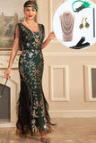 Verde dorato paillettes frangia lungo 1920s Flapper Dress con accessori Set