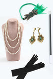 Verde dorato paillettes frangia lungo 1920s Flapper Dress con accessori Set