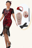 Vestito nero rosso aderente con frange paillettes anni 1920 con set di accessori da 5 pezzi